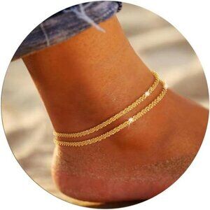 Gold Silver Anklet for Women Waterproof Layered Adjustable Beach Jewelry